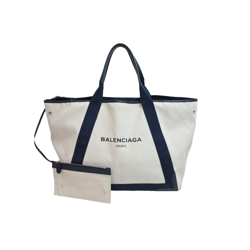 Balenciaga Bag Leather Blue Canvas Cabas Navy Tan Beige Tote - Picture 2 of 9